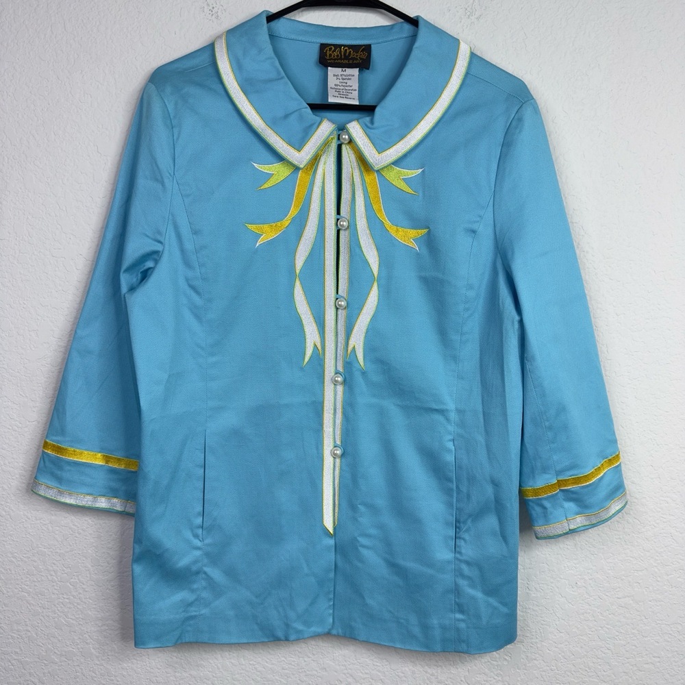 Bob Mackie Wearable Art Womens Light Blue Embroidered Vintage Blouse Size Medium